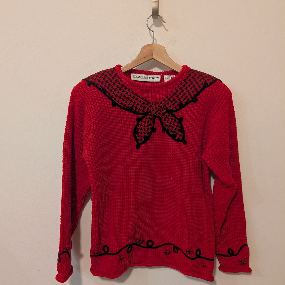 Chaus Petites Red Vintage Plaid Scarf Applique Sweater Women's Size Small Petite